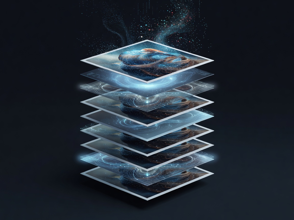 A graphic illustrating a 3D stack of 9 identical photographs merging into one final hyper-detailed image