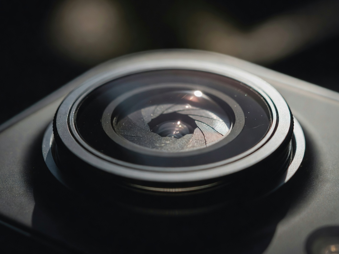 Extreme close-up macro shot of a smartphone camera lens reflecting light off its f/1.4 aperture glass